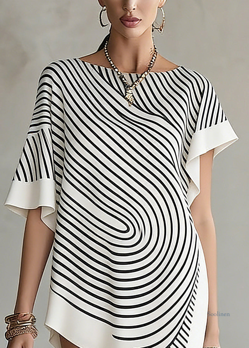 White Asymmetrical Striped T Shirts Short Sleeve
