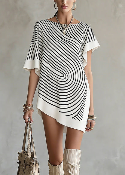 White Asymmetrical Striped T Shirts Short Sleeve
