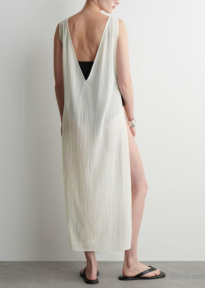 White Backless Side Open Cotton Robe Dresses Sleeveless