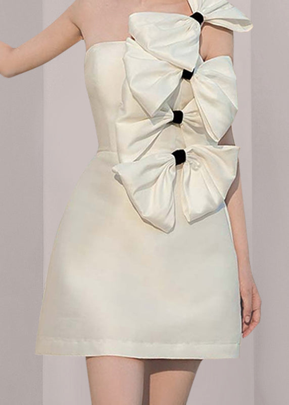 White Bow Silk Mid Dress Sleeveless