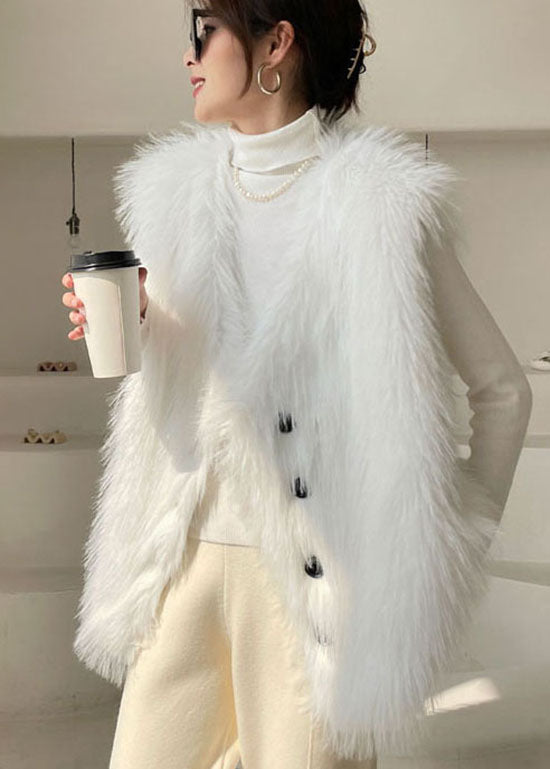 White Button Fuzzy Fur Tops Sleeveless Waistcoat