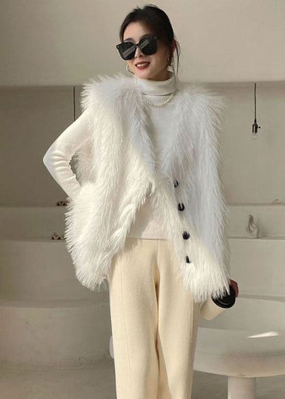 White Button Fuzzy Fur Tops Sleeveless Waistcoat