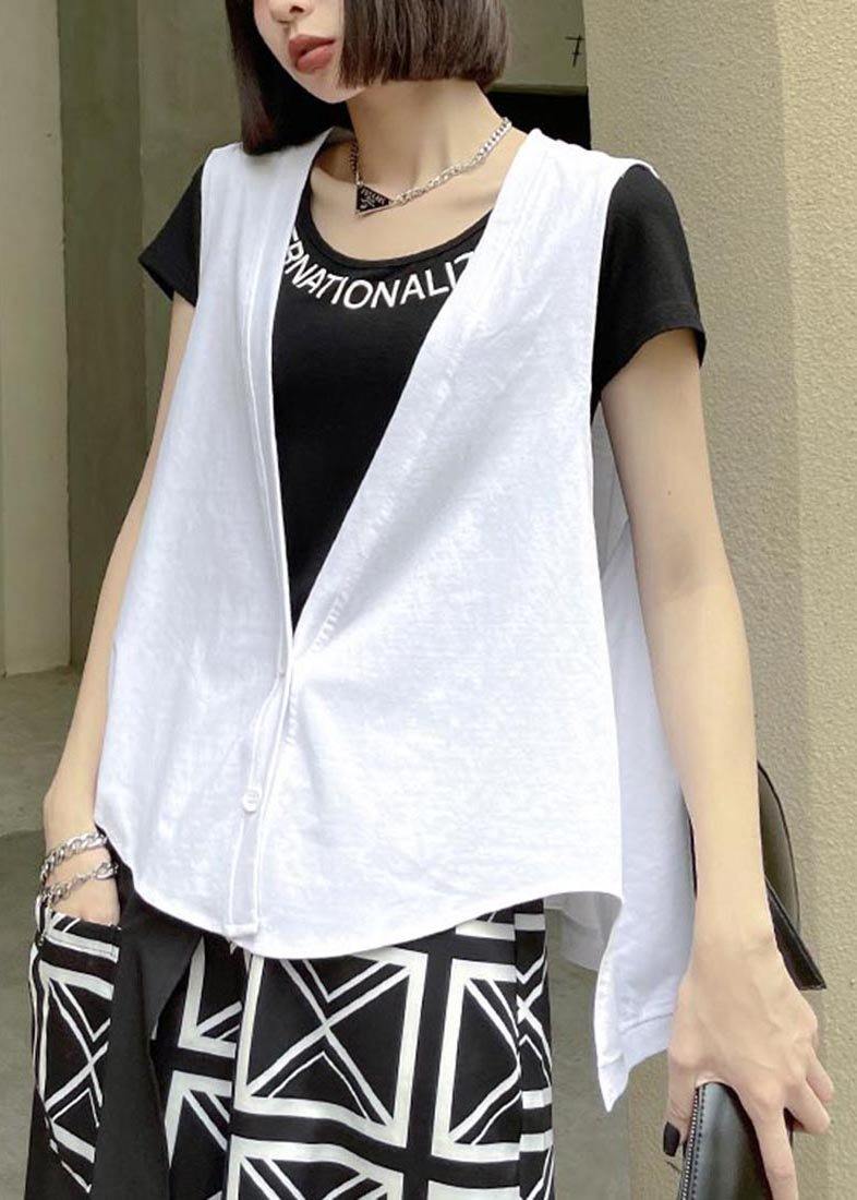 White Button Low High Design Sleeveless Vest Summer