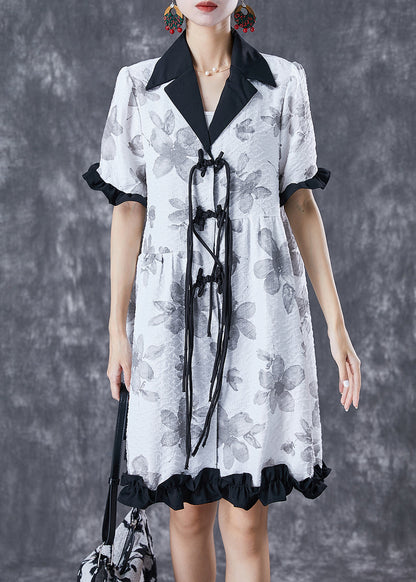White Chinese Button Ruffled Patchwork Jacquard Dress Summer