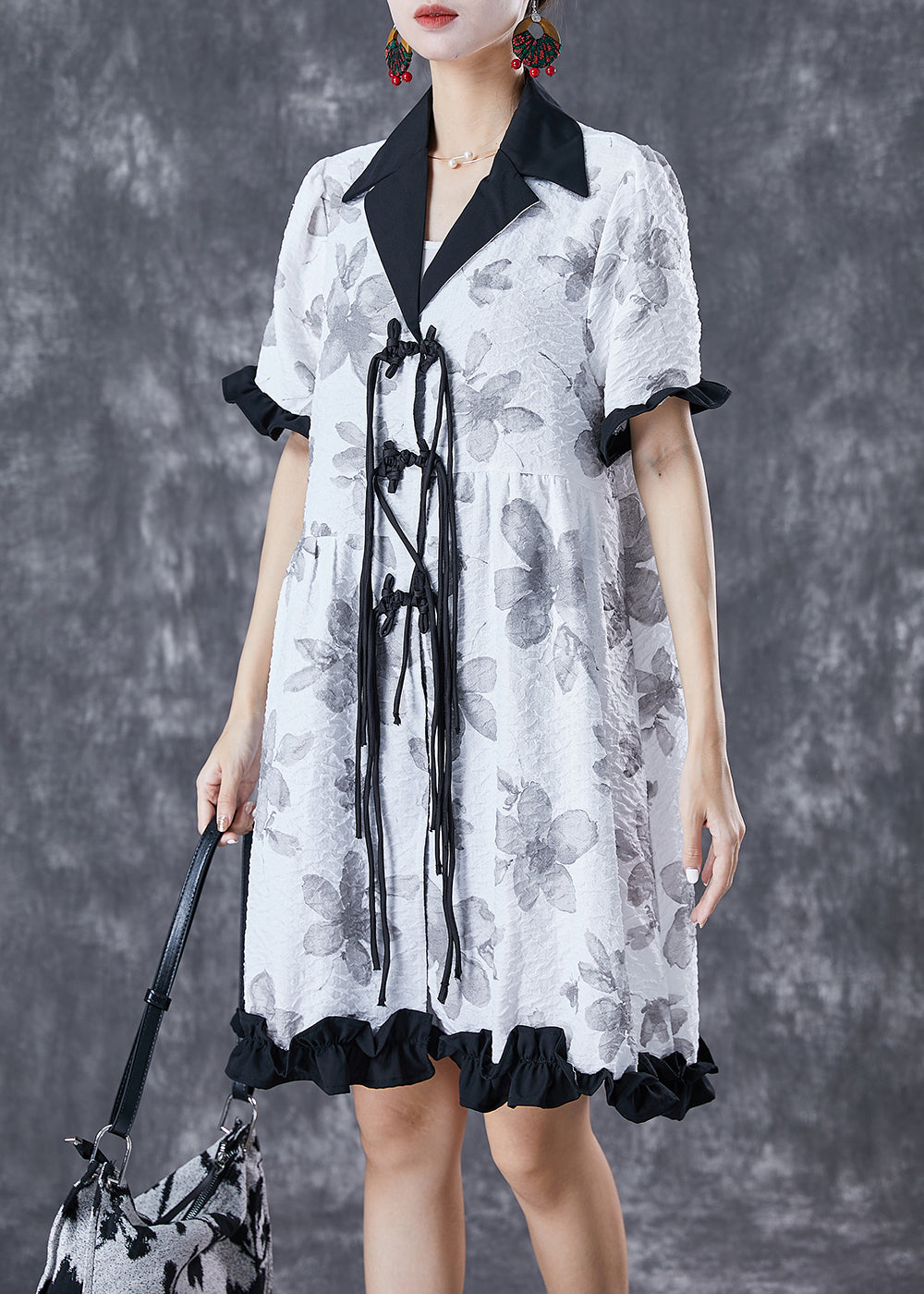 White Chinese Button Ruffled Patchwork Jacquard Dress Summer