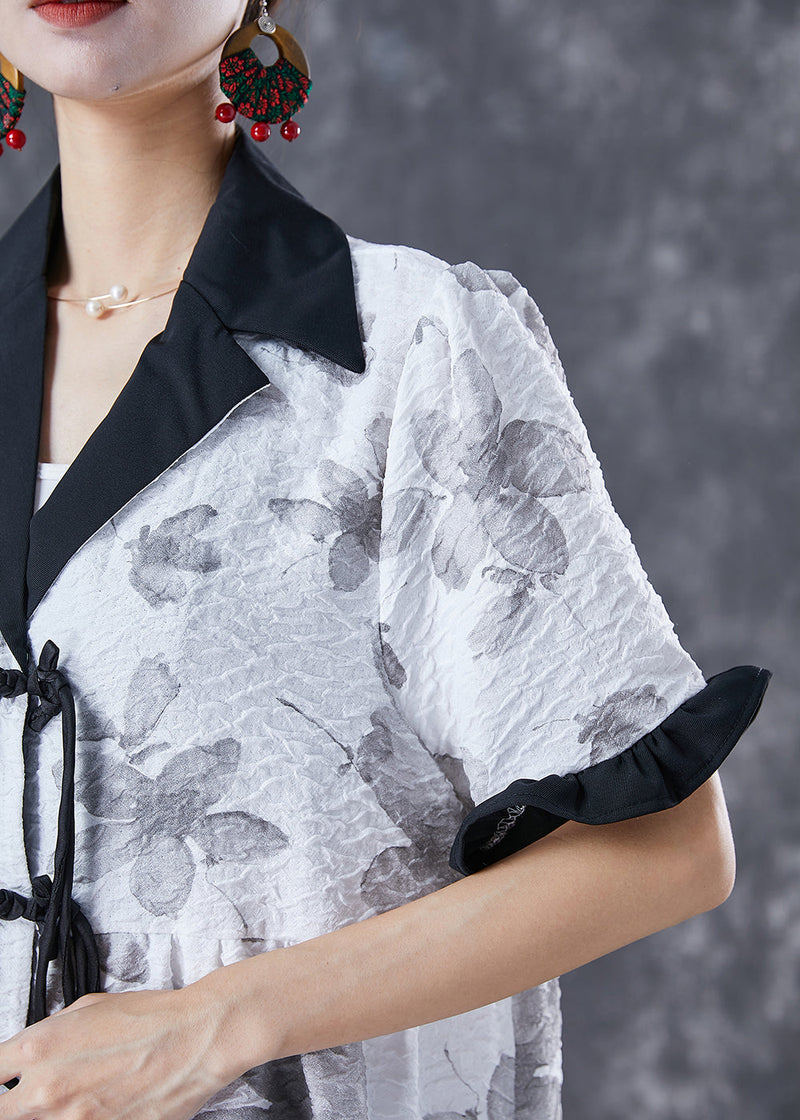 White Chinese Button Ruffled Patchwork Jacquard Dress Summer