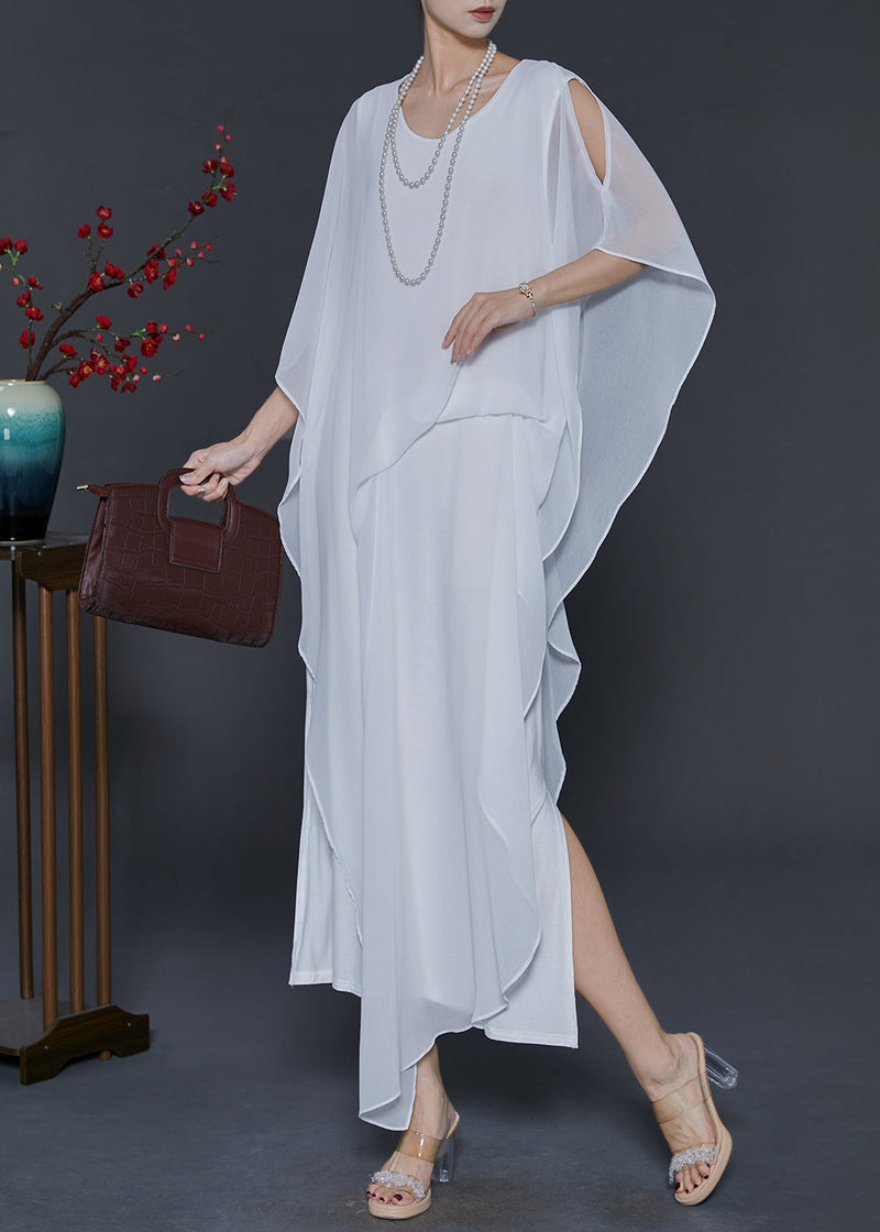 White Cold Shoulder Asymmetrical Design Chiffon Vacation Dresses Summer