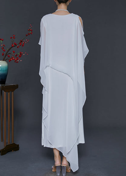 White Cold Shoulder Asymmetrical Design Chiffon Vacation Dresses Summer