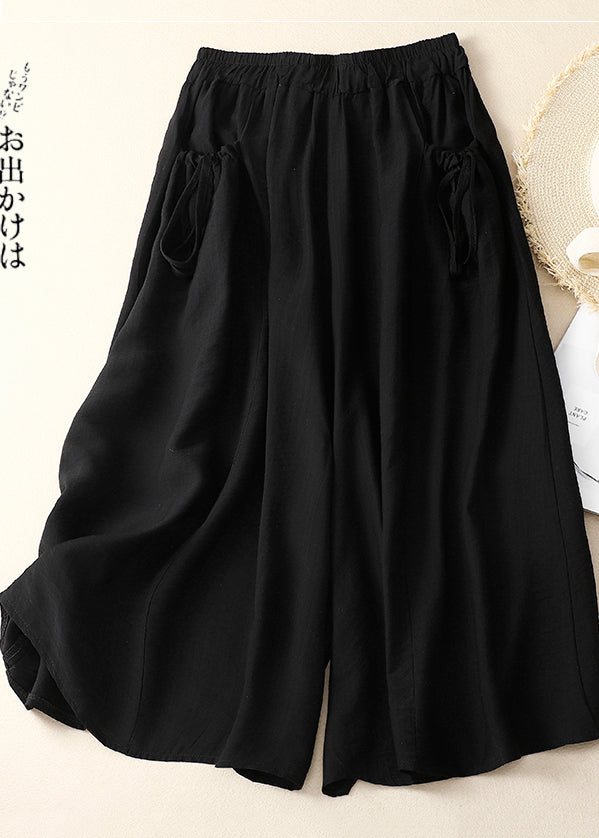 White Elastic Waist Pockets Cotton Wide Leg Pants Summer
