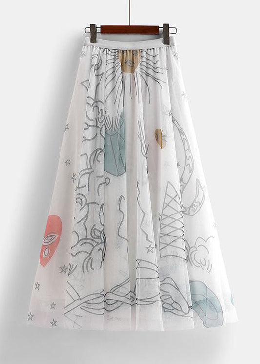 White Elastic Waist Print Tulle Holiday Skirts Spring
