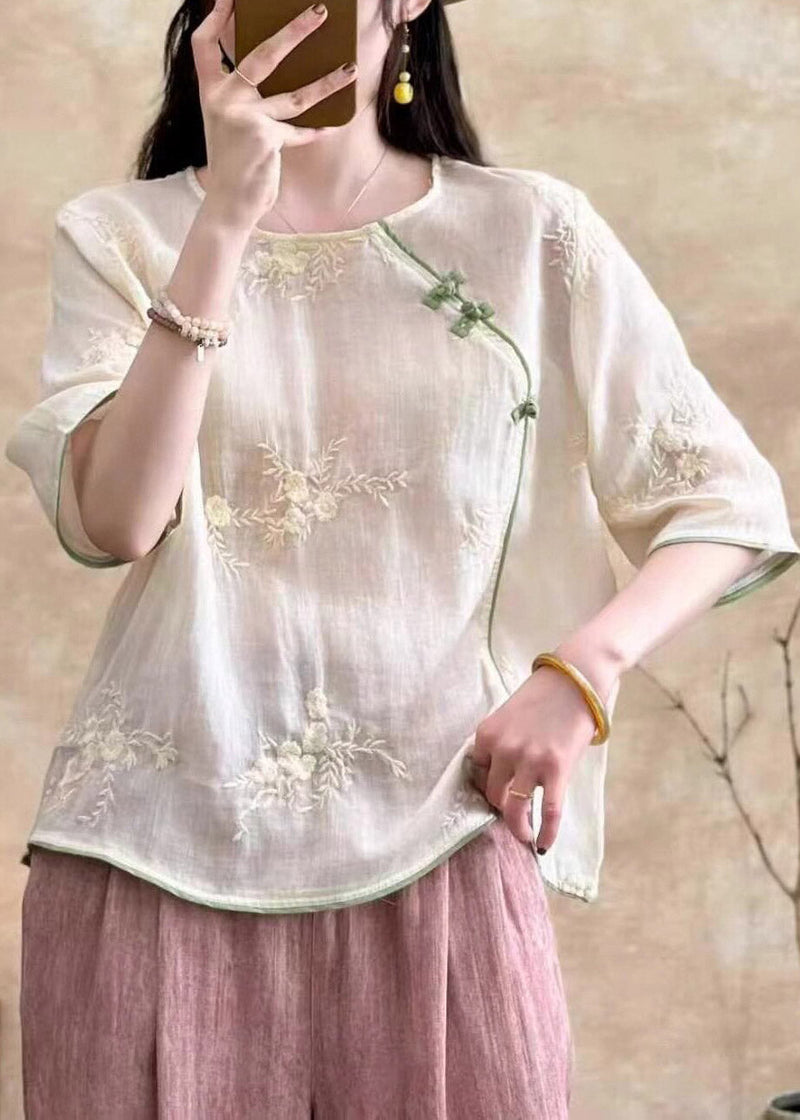 White Embroidered Button Linen Tops Summer