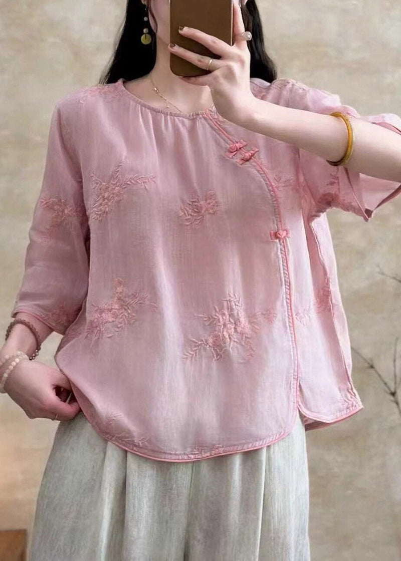 White Embroidered Button Linen Tops Summer