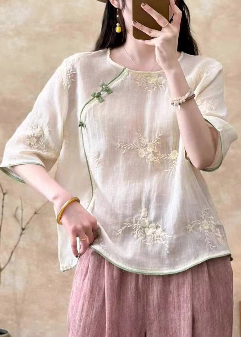 White Embroidered Button Linen Tops Summer