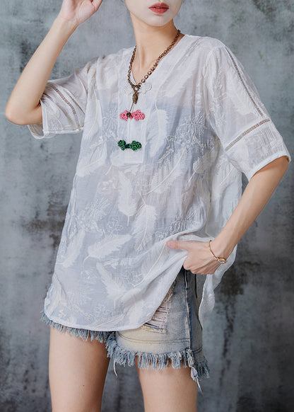 White Embroidered Chinese Button Cotton Shirt Tops Summer