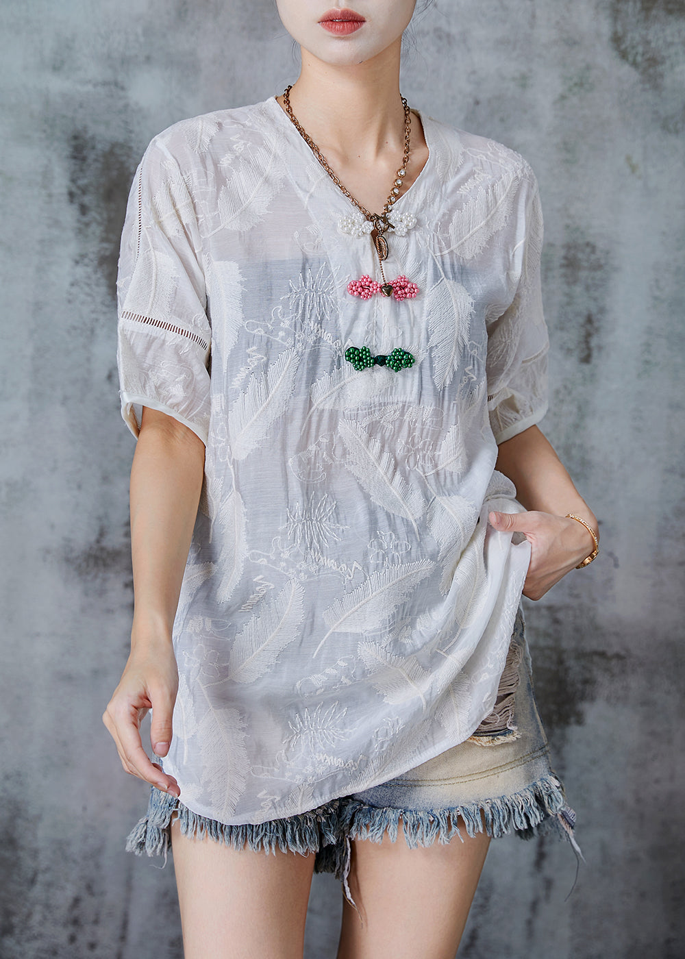 White Embroidered Chinese Button Cotton Shirt Tops Summer