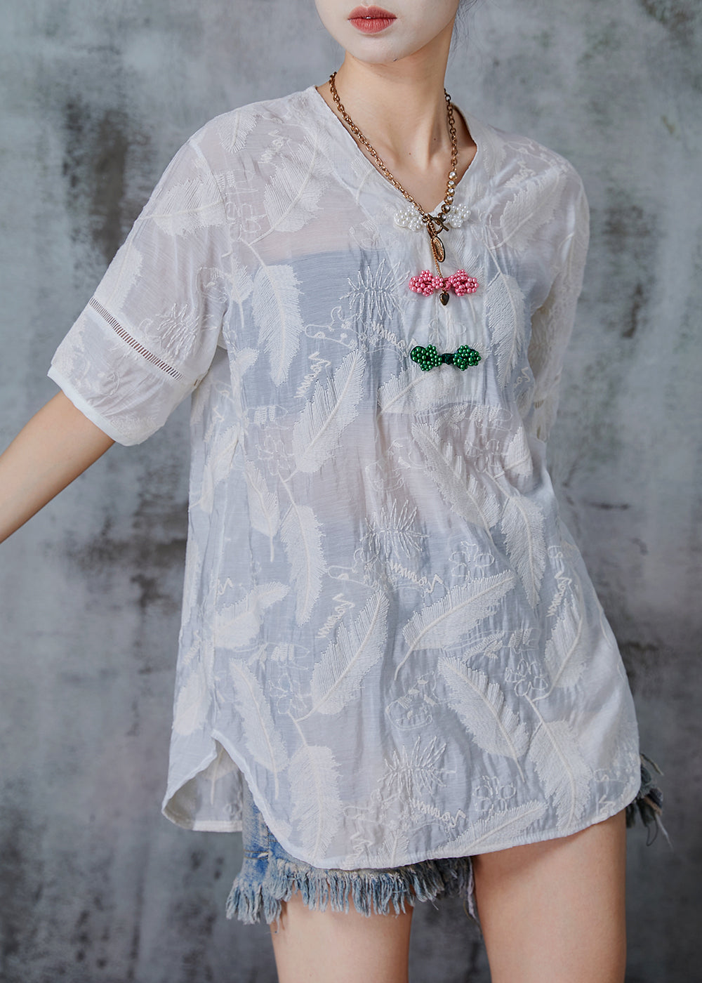 White Embroidered Chinese Button Cotton Shirt Tops Summer