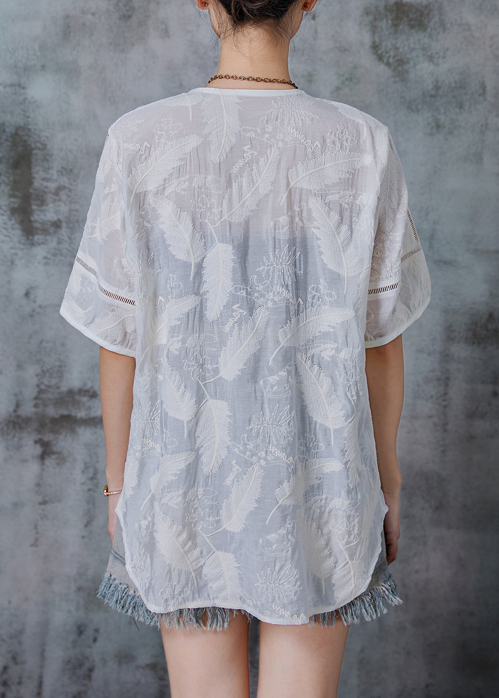 White Embroidered Chinese Button Cotton Shirt Tops Summer