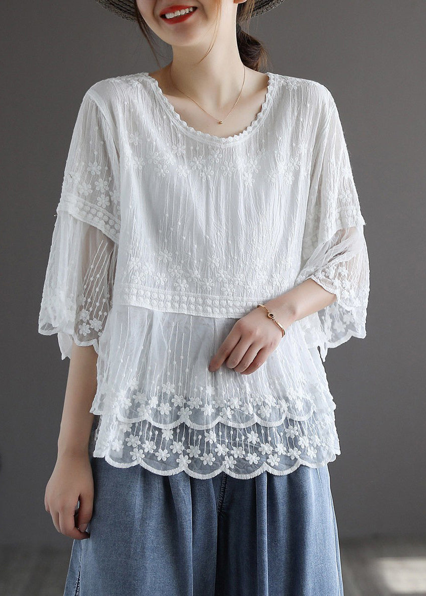 White Embroidered Lace Patchworktops Half Sleeve