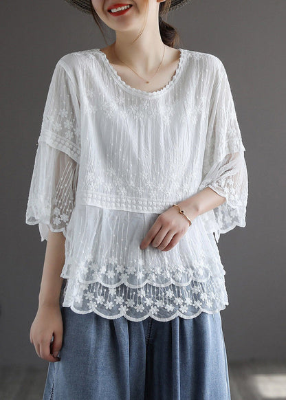 White Embroidered Lace Patchworktops Half Sleeve