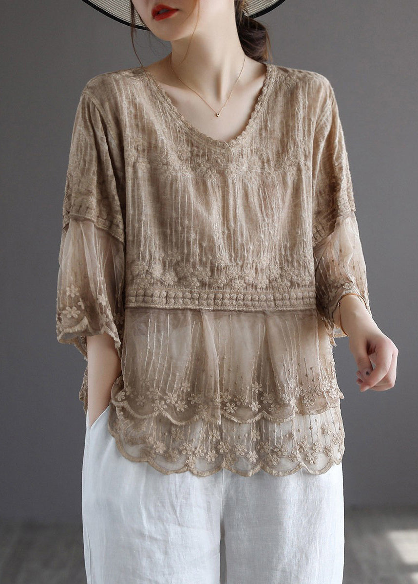 White Embroidered Lace Patchworktops Half Sleeve