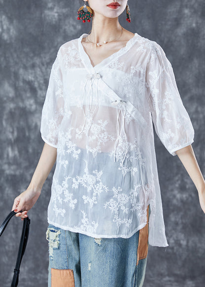White Embroideried Tassel Tulle Shirt Tops Summer