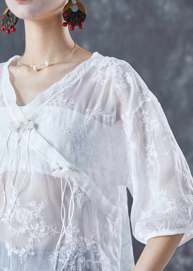 White Embroideried Tassel Tulle Shirt Tops Summer