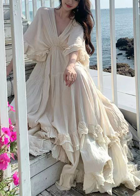 White Exra Large Hem Cotton Dresses Cloak Sleeves