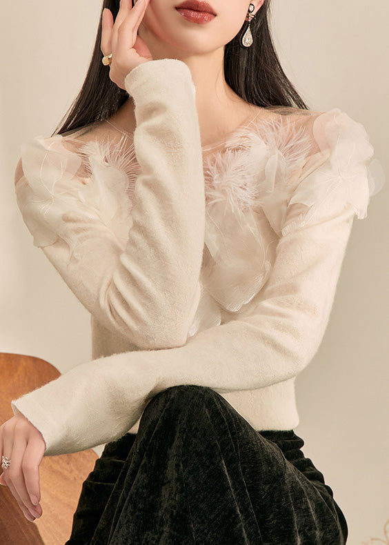 White Feather Knit Sweaters Spring