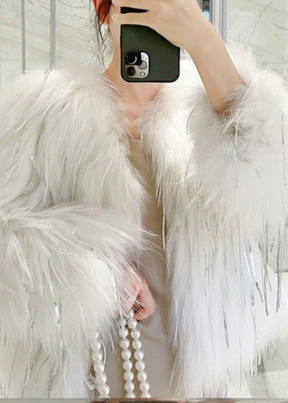 White Fox Collar Tassel Leather and Fur Coats Winter