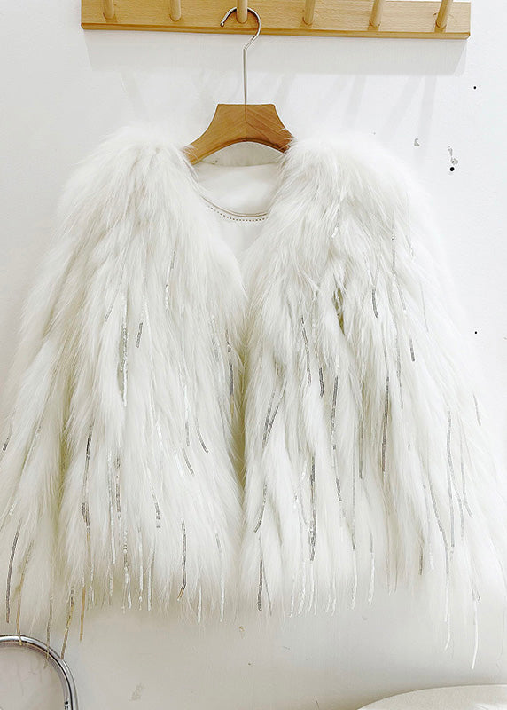 White Fox Collar Tassel Leather and Fur Coats Winter
