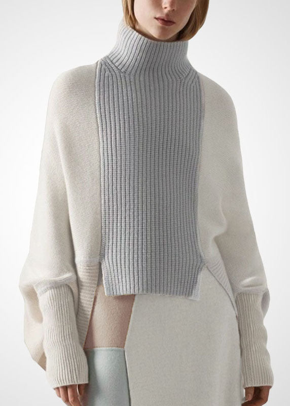 White High Neck Asymmetrical Patchwork Wool Knit Pullover Winter
