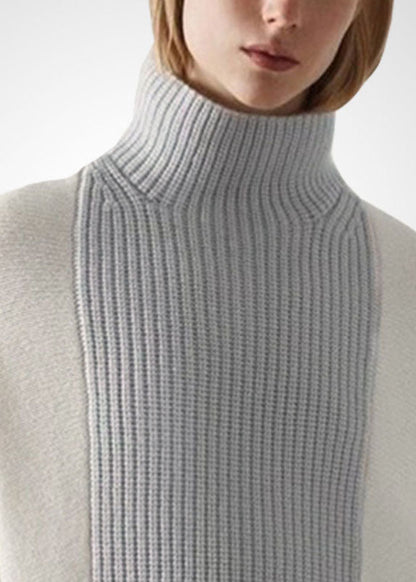 White High Neck Asymmetrical Patchwork Wool Knit Pullover Winter