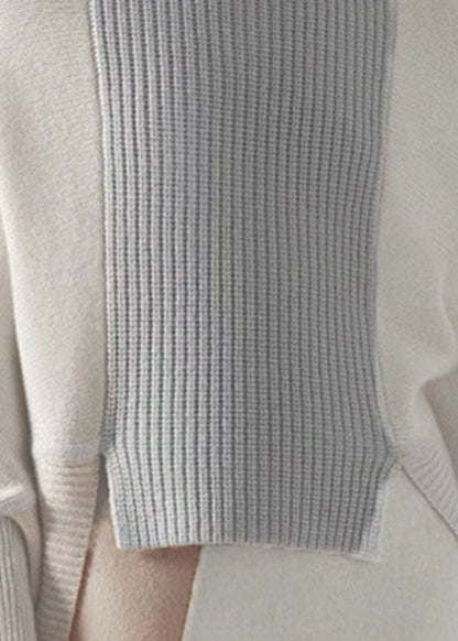 White High Neck Asymmetrical Patchwork Wool Knit Pullover Winter
