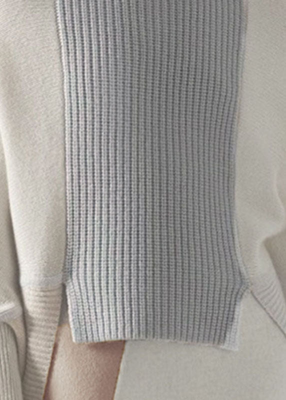 White High Neck Asymmetrical Patchwork Wool Knit Pullover Winter