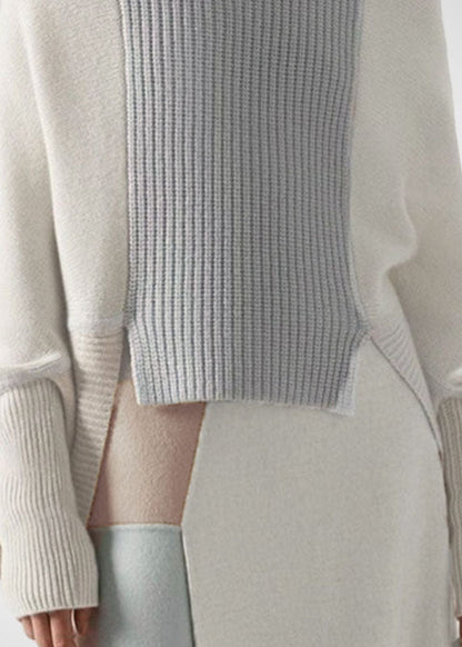 White High Neck Asymmetrical Patchwork Wool Knit Pullover Winter