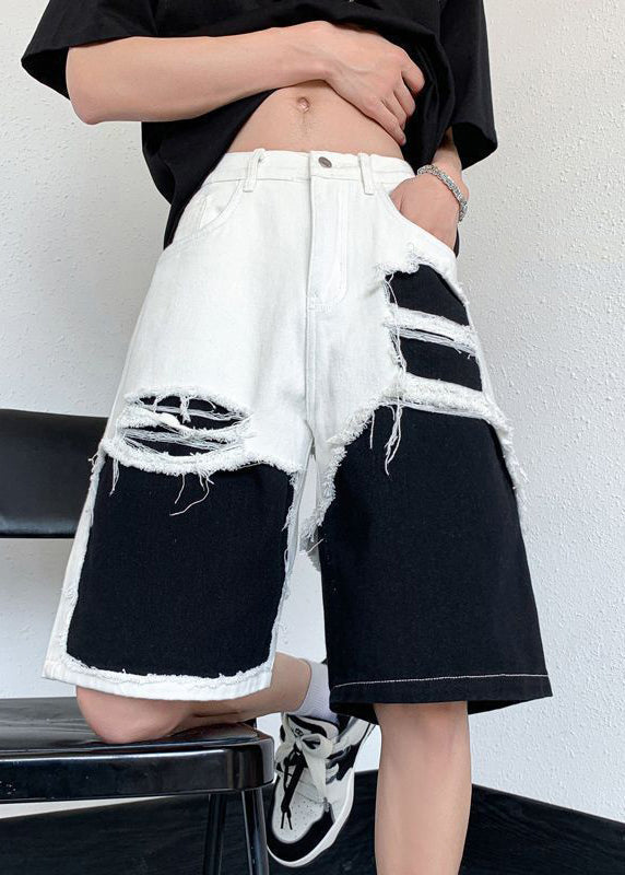 White Hollow Out Pockets Patchwork Denim Shorts Summer