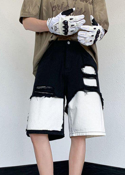 White Hollow Out Pockets Patchwork Denim Shorts Summer