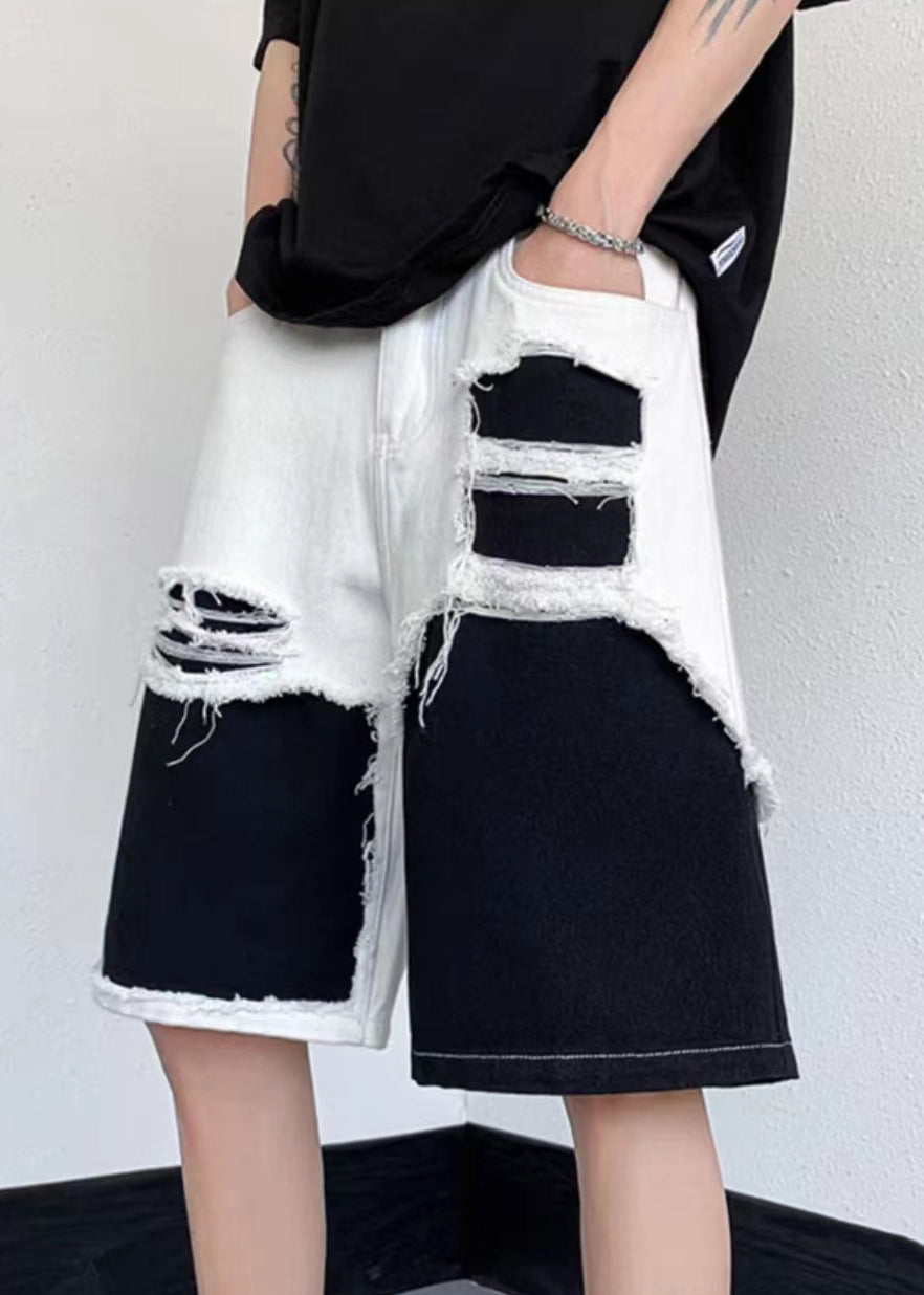 White Hollow Out Pockets Patchwork Denim Shorts Summer
