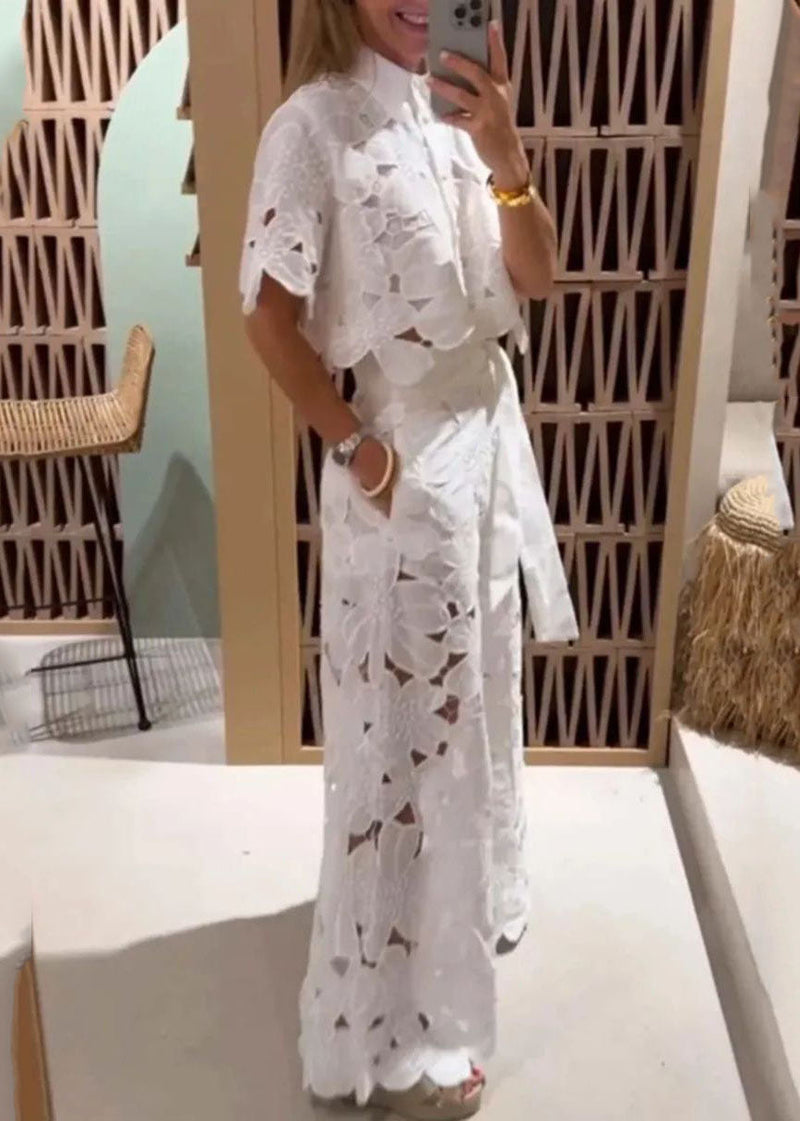 White Hollow Out Shirts and Wide Leg Pants Two Pieces Set Short Sleeve
