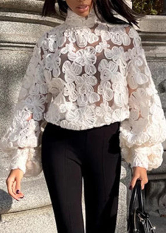 Chic White Notched Floral Lace Top Lantern Sleeve