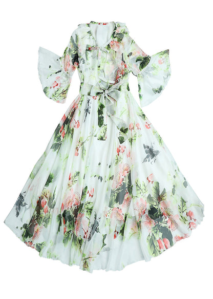White O-neck Bow Print Ruffled Chiffon Long Beach Dresses Long Sleeve