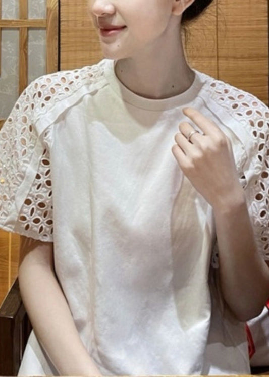 White O-neck Hollow Out T Shirt Short Sleeve