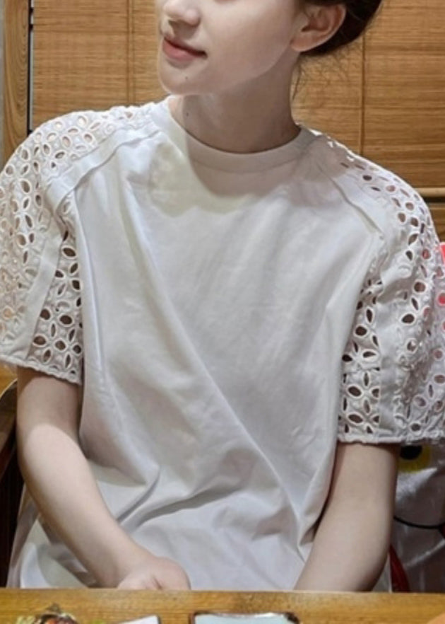 White O-neck Hollow Out T Shirt Short Sleeve