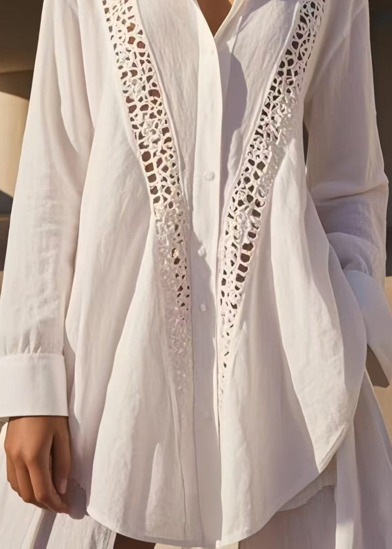 White Oversized Patchwork Hollow Out Cotton Shirts Spring