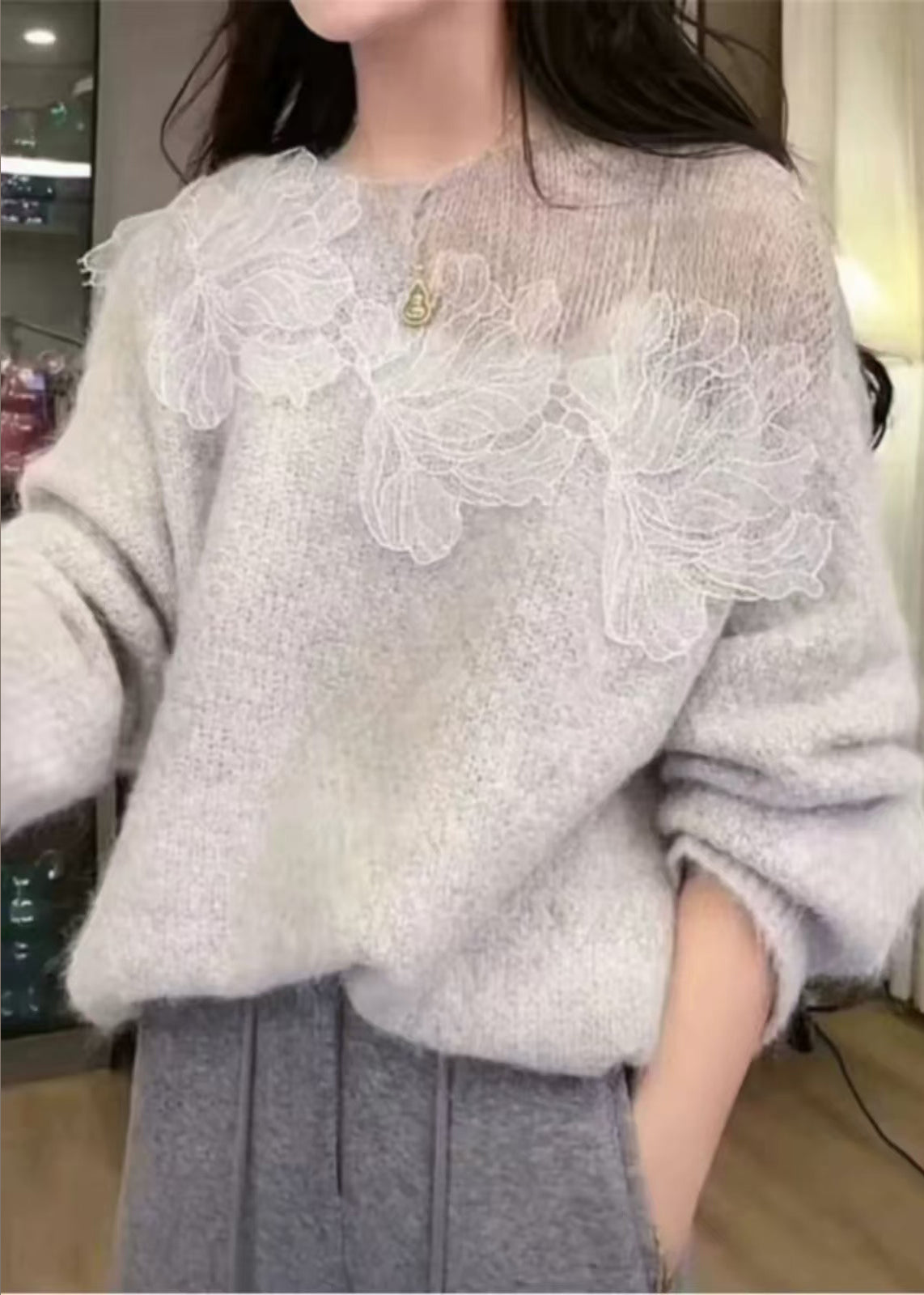 White Oversized Patchwork Knitted Tops Fall