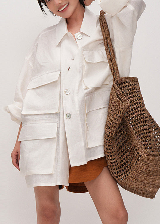 White Oversized Pockets Cotton Shirt Top Summer