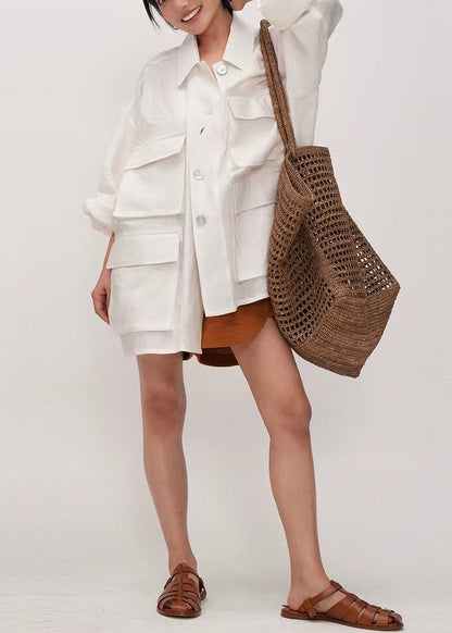 White Oversized Pockets Cotton Shirt Top Summer