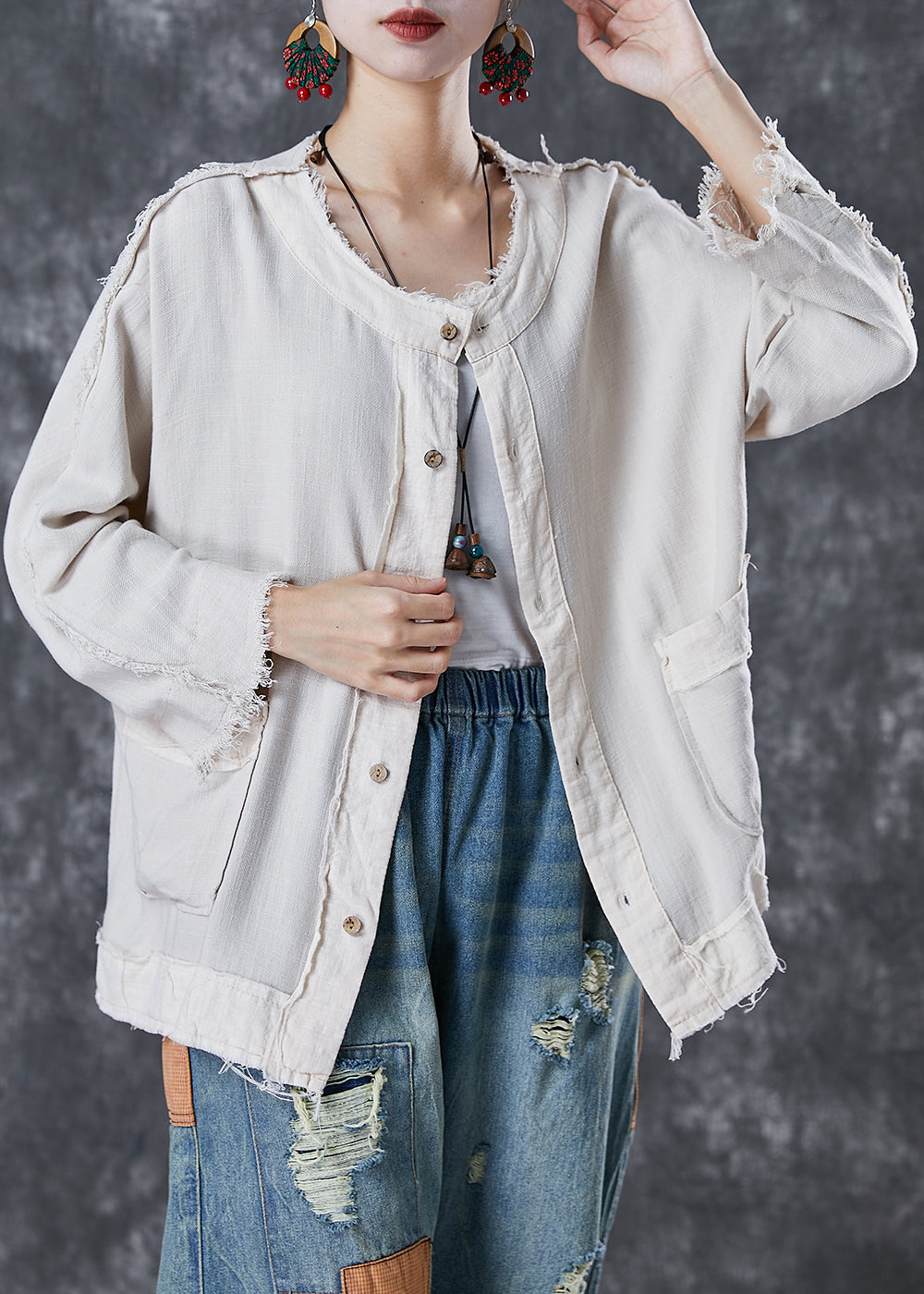 White Oversized Pockets Linen Jacket Fall