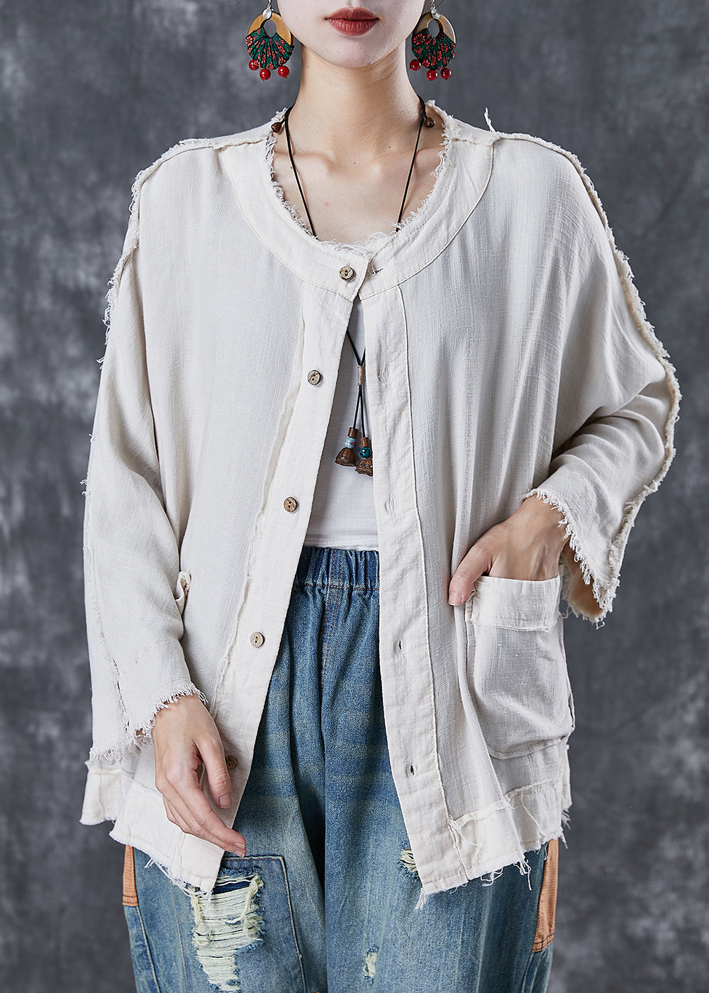 White Oversized Pockets Linen Jacket Fall