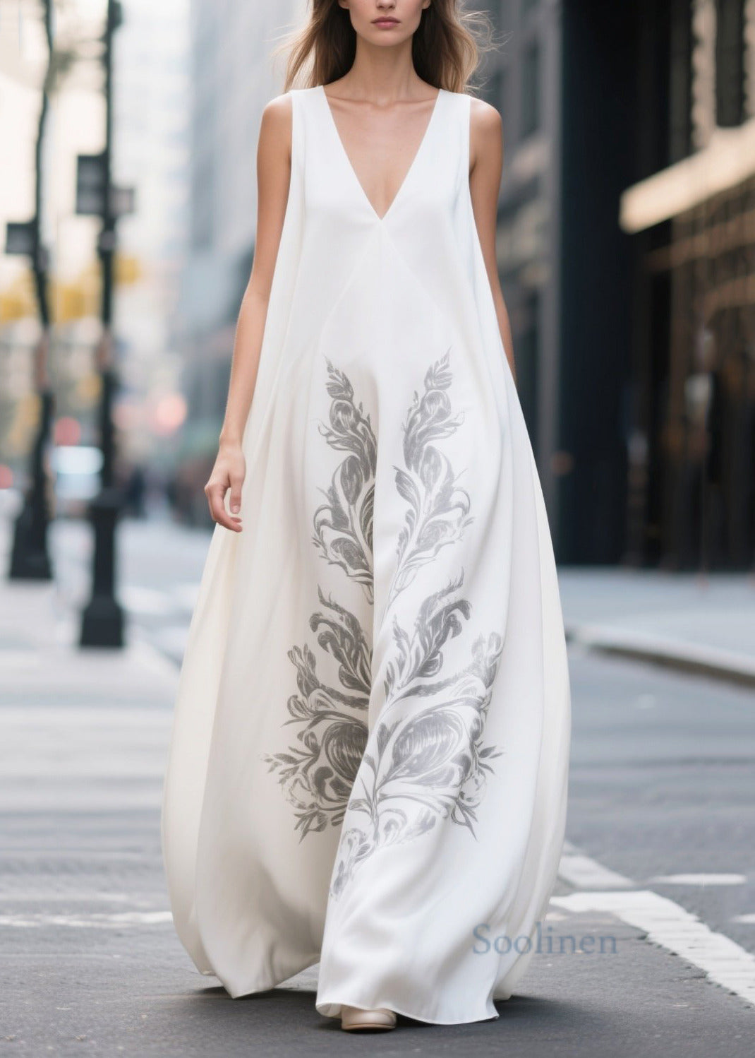White Oversized Print Chiffon Holiday Dress Sleeveless